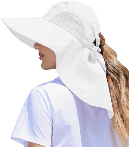 Womens Sun Hat Outdoor UV Protection Wide Brim Fishing Hat with Ponytail Hole Neck Flap for Beach Hiking Camping