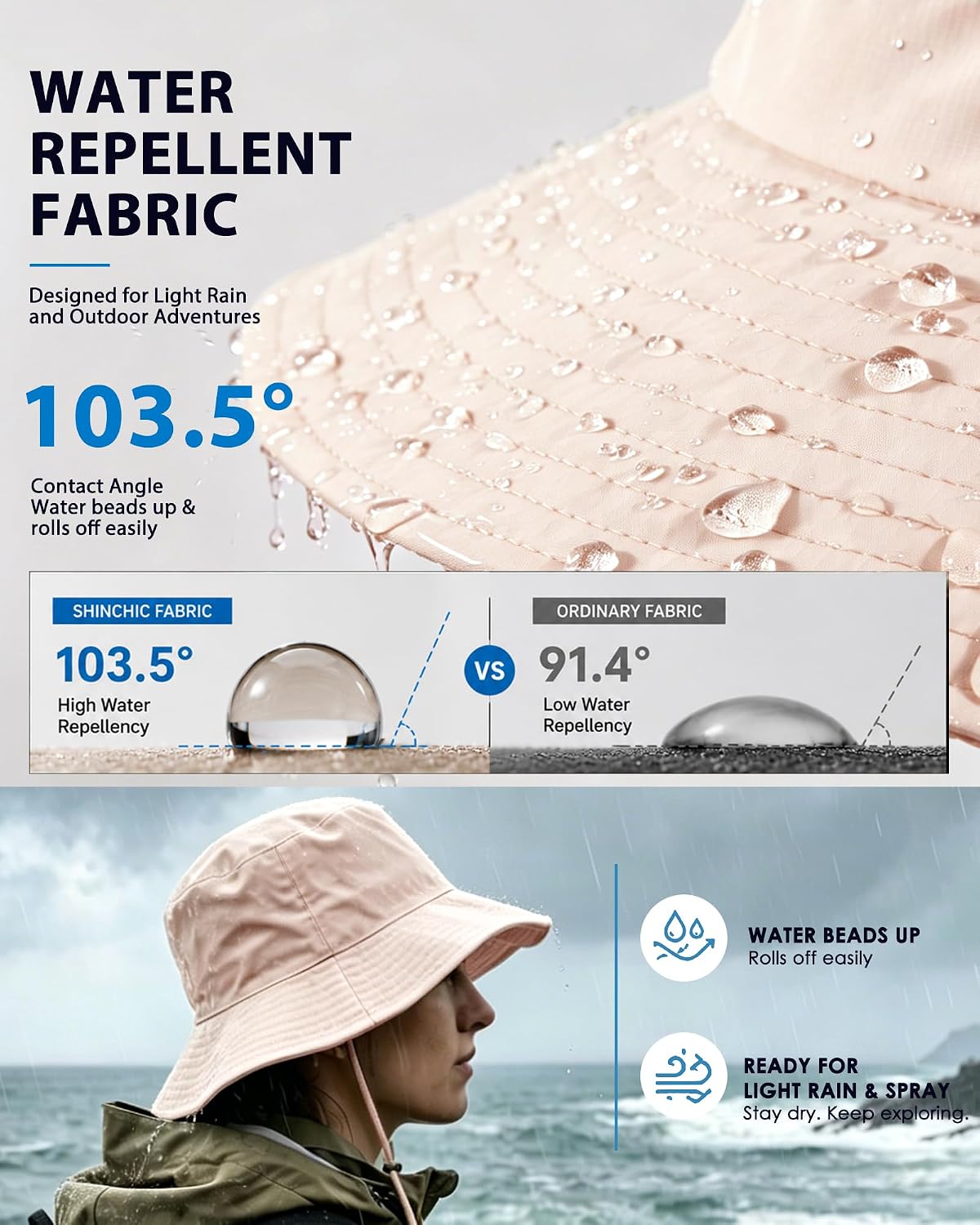 Water-Resistant UPF 50+ Sun Bucket Hat Packable Brimmed for Women Men