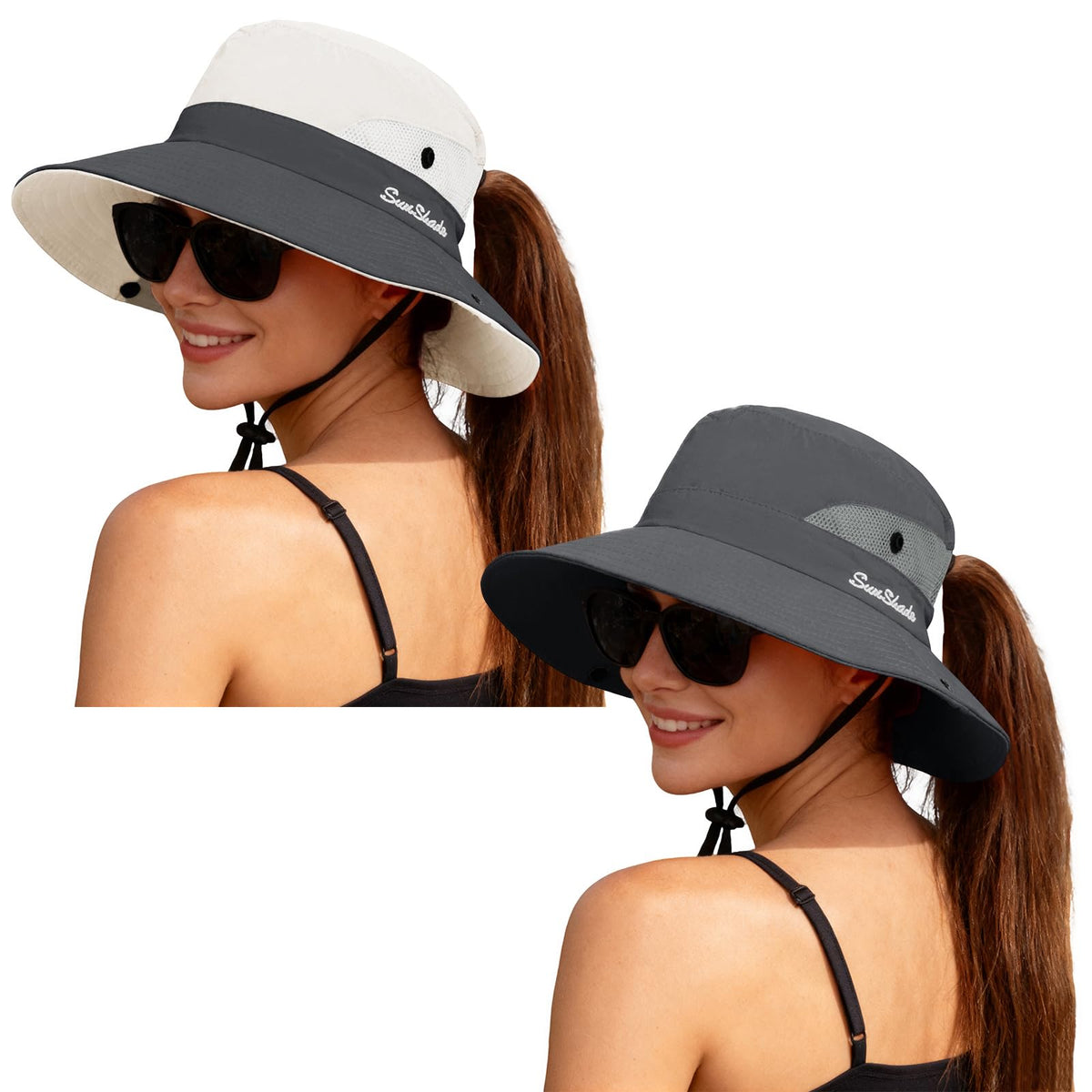 ZOORON Women's Ponytail Safari Sun Hat,Wide Brim UV Protection Bucket Hat