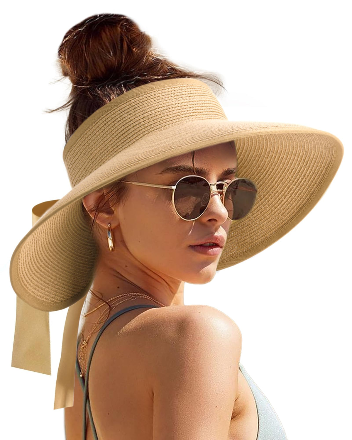 Camptrace Women's Straw Sun Visor Hat UPF Wide Shade Ponytail Summer Hat