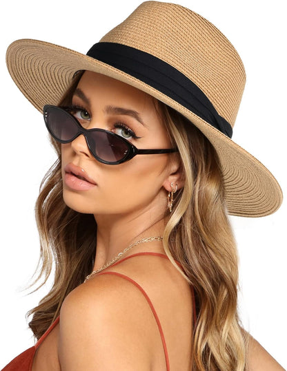 FURTALK Womens Mens Wide Brim Straw Panama Hat Fedora Summer Beach Sun Hat