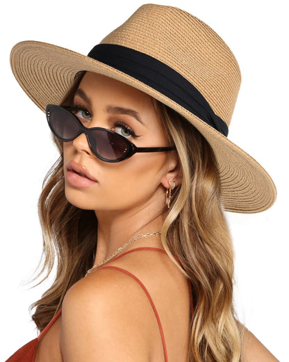 FURTALK Womens Mens Wide Brim Straw Panama Hat Fedora Summer Beach Sun Hat