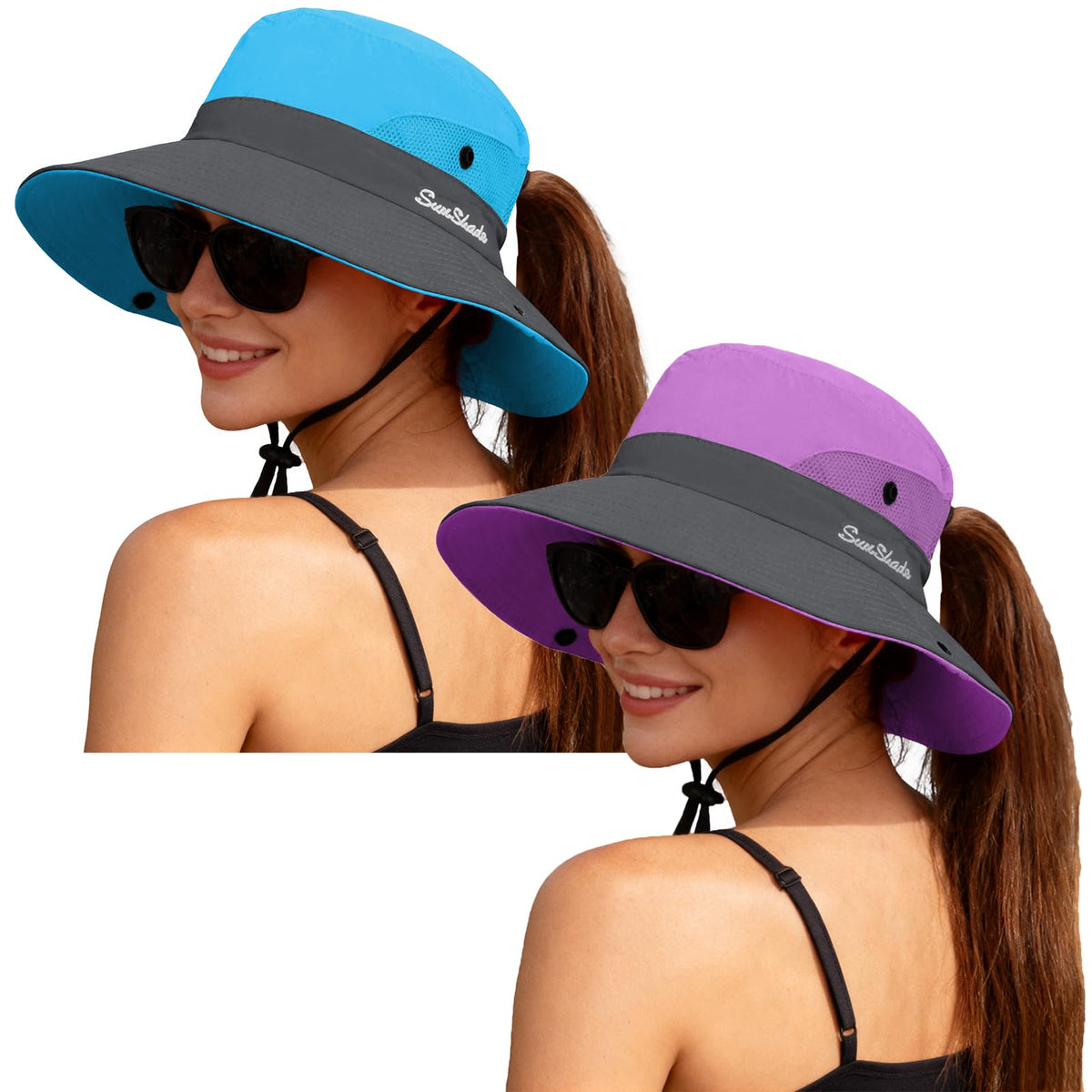 ZOORON Women's Ponytail Safari Sun Hat,Wide Brim UV Protection Bucket Hat
