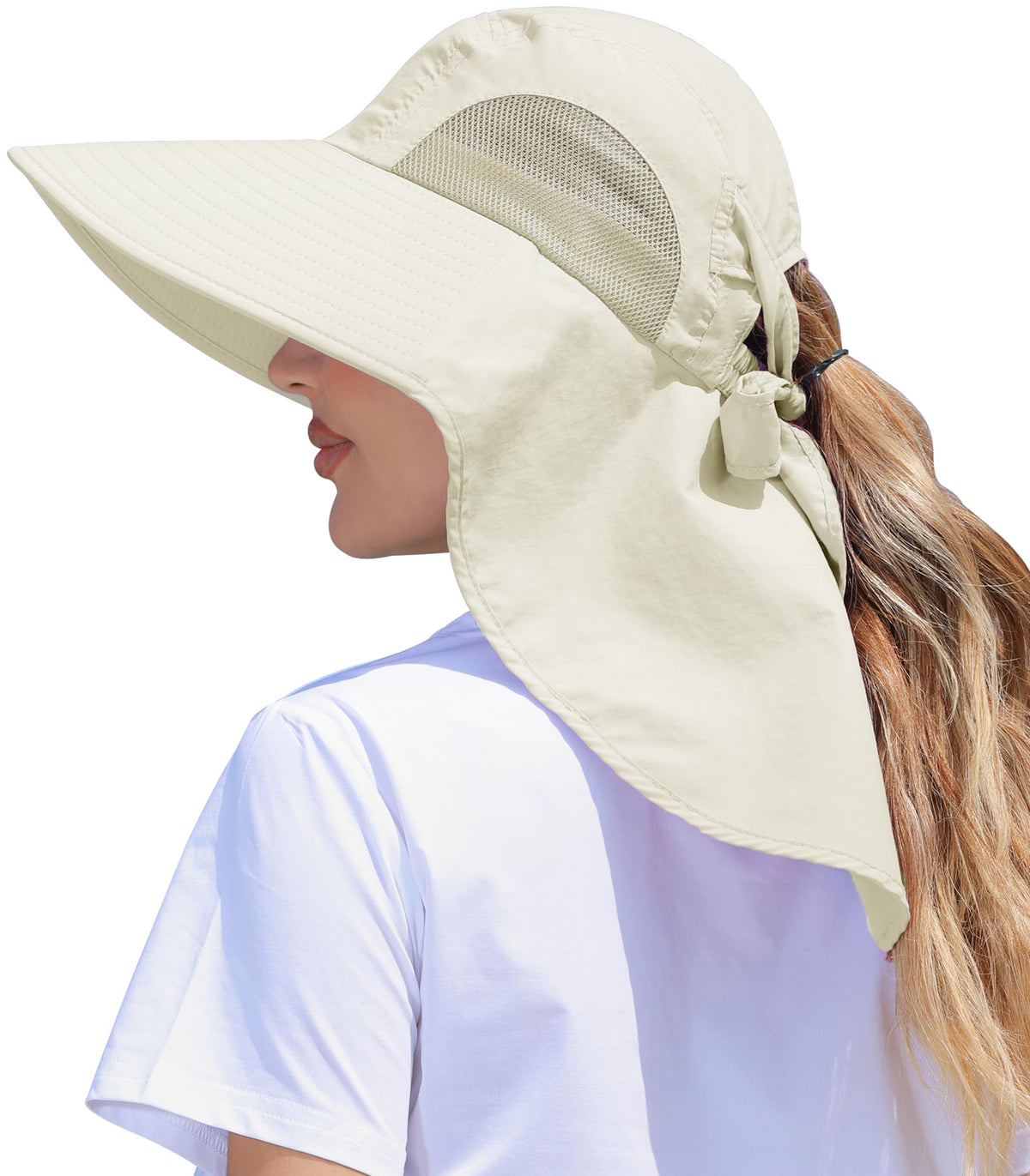 Womens Sun Hat Outdoor UV Protection Wide Brim Fishing Hat with Ponytail Hole Neck Flap for Beach Hiking Camping
