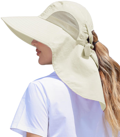 Womens Sun Hat Outdoor UV Protection Wide Brim Fishing Hat with Ponytail Hole Neck Flap for Beach Hiking Camping