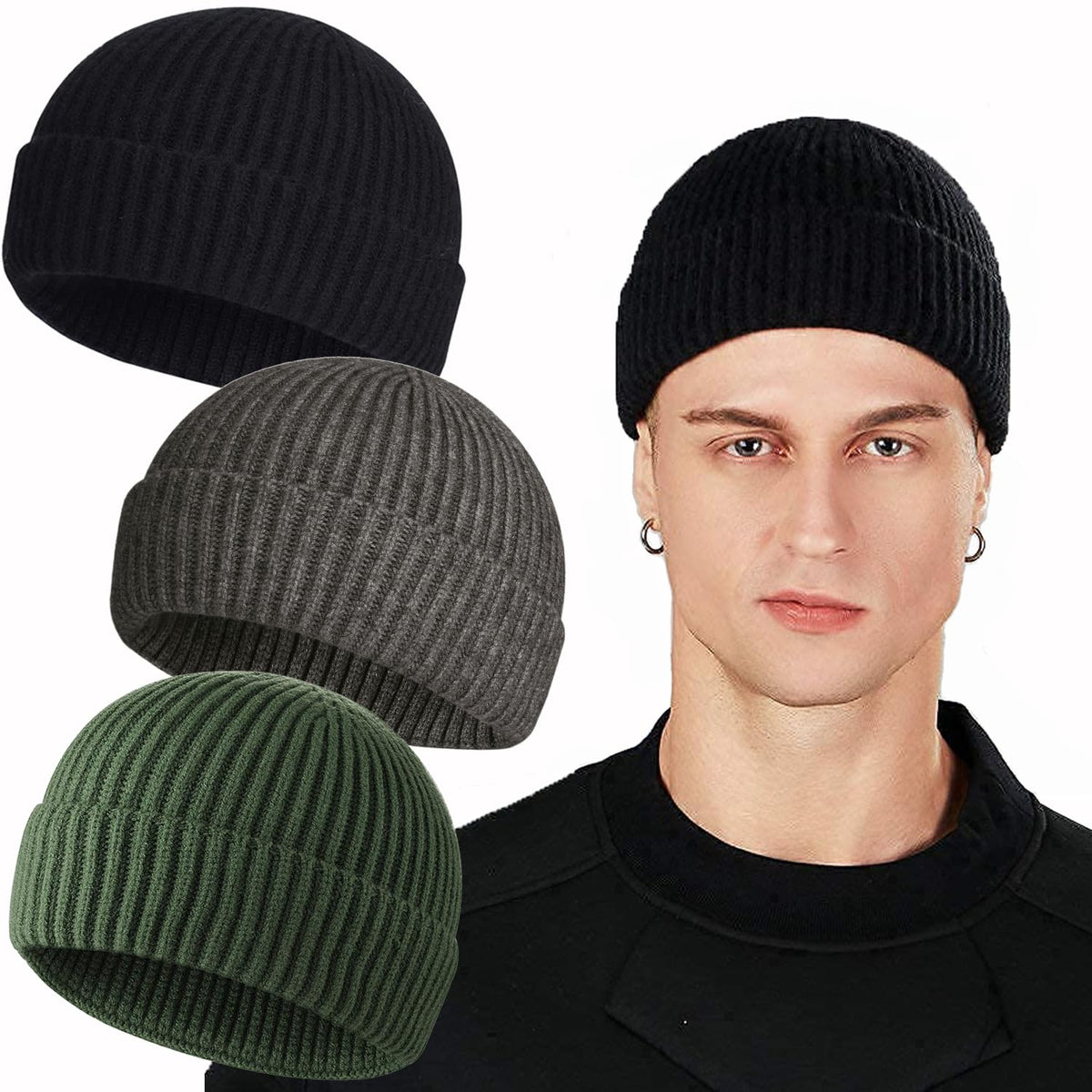 ROYBENS Swag Wool Knit Cuff Short Fisherman Beanie for Men Women Winter Hat