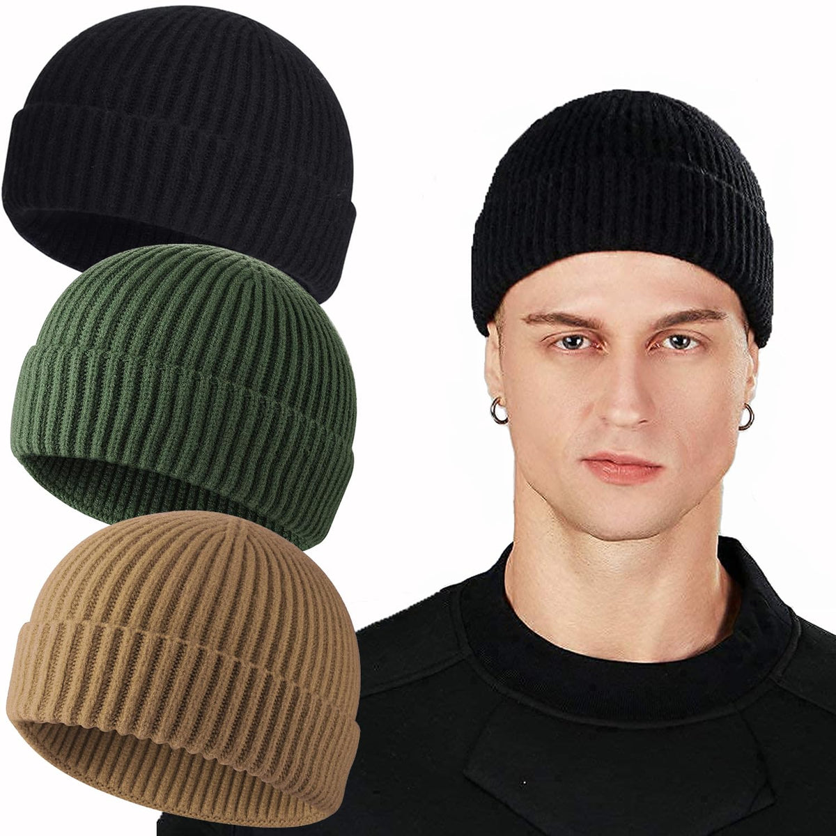 ROYBENS Swag Wool Knit Cuff Short Fisherman Beanie for Men Women Winter Hat