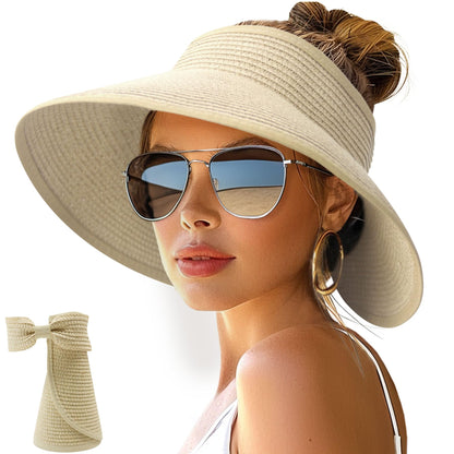 NPJY Sun Hats for Women Wide Brim Roll-Up Ponytail Packable Straw Visor