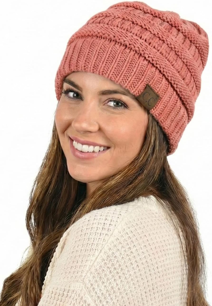 C.C Unisex Chunky Soft Stretch Cable Knit Warm Fuzzy Lined Skully Beanie