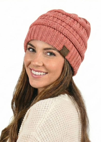 C.C Unisex Chunky Soft Stretch Cable Knit Warm Fuzzy Lined Skully Beanie