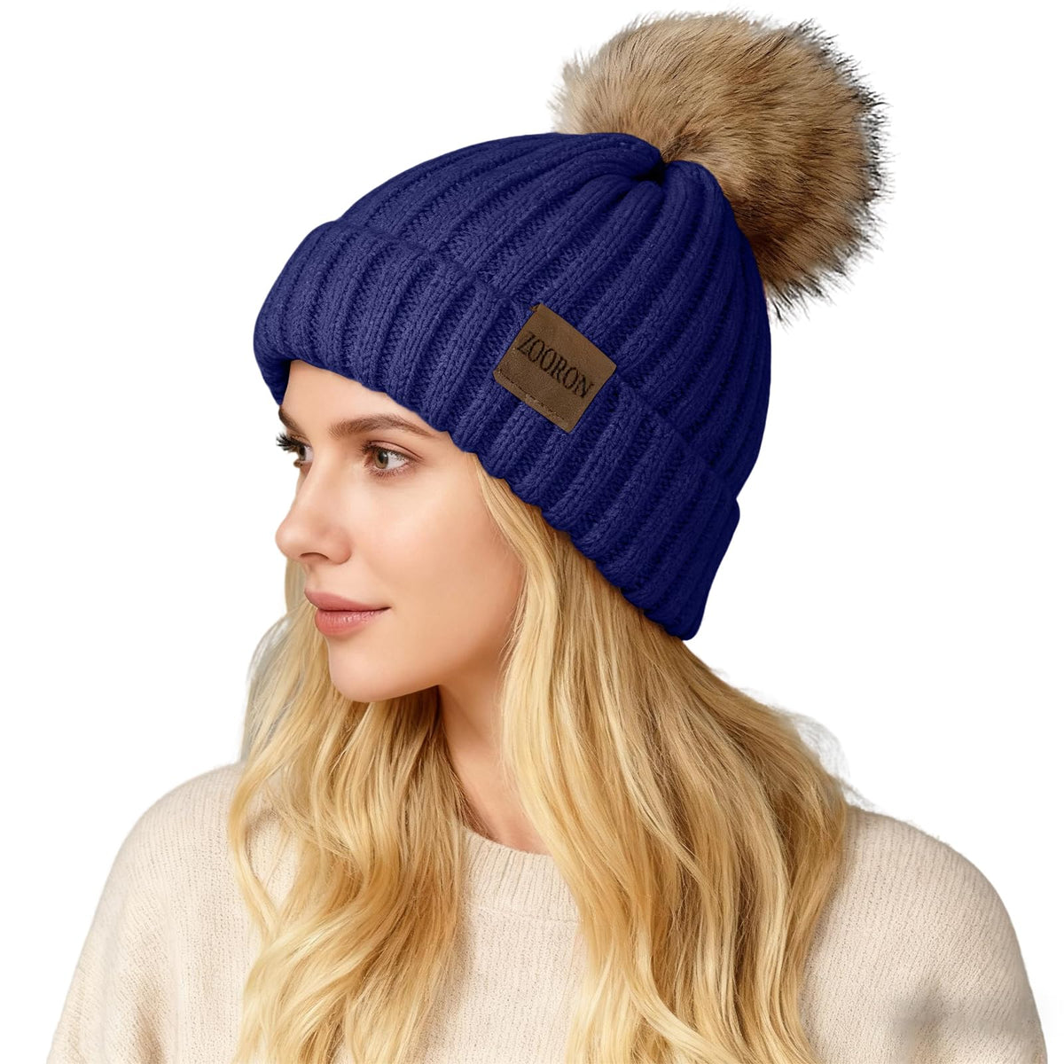 ZOORON Womens Winter Knitted Beanie Hat with Faux Fur Pom Beanie Warm Knit Skull Cap Beanie for Women