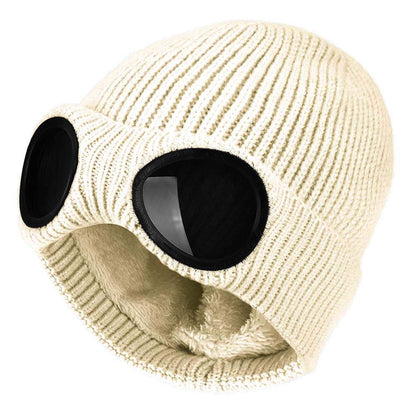 Unisex Goggle Knitted Beanie Hat Windproof Warm Winter Skull Cap