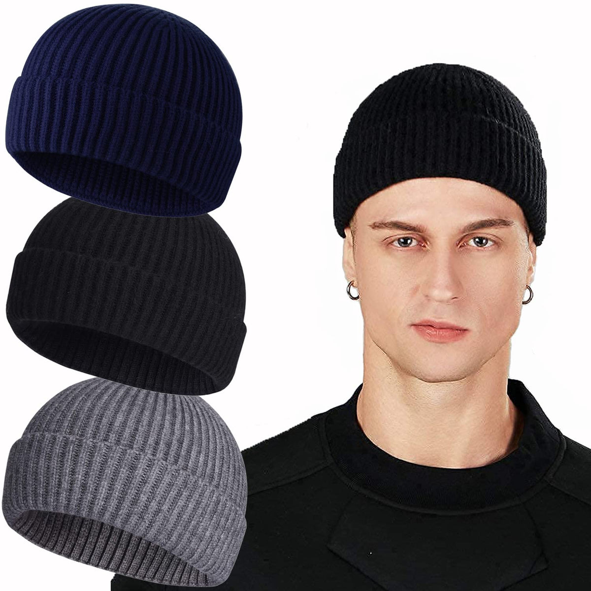 ROYBENS Swag Wool Knit Cuff Short Fisherman Beanie for Men Women Winter Hat
