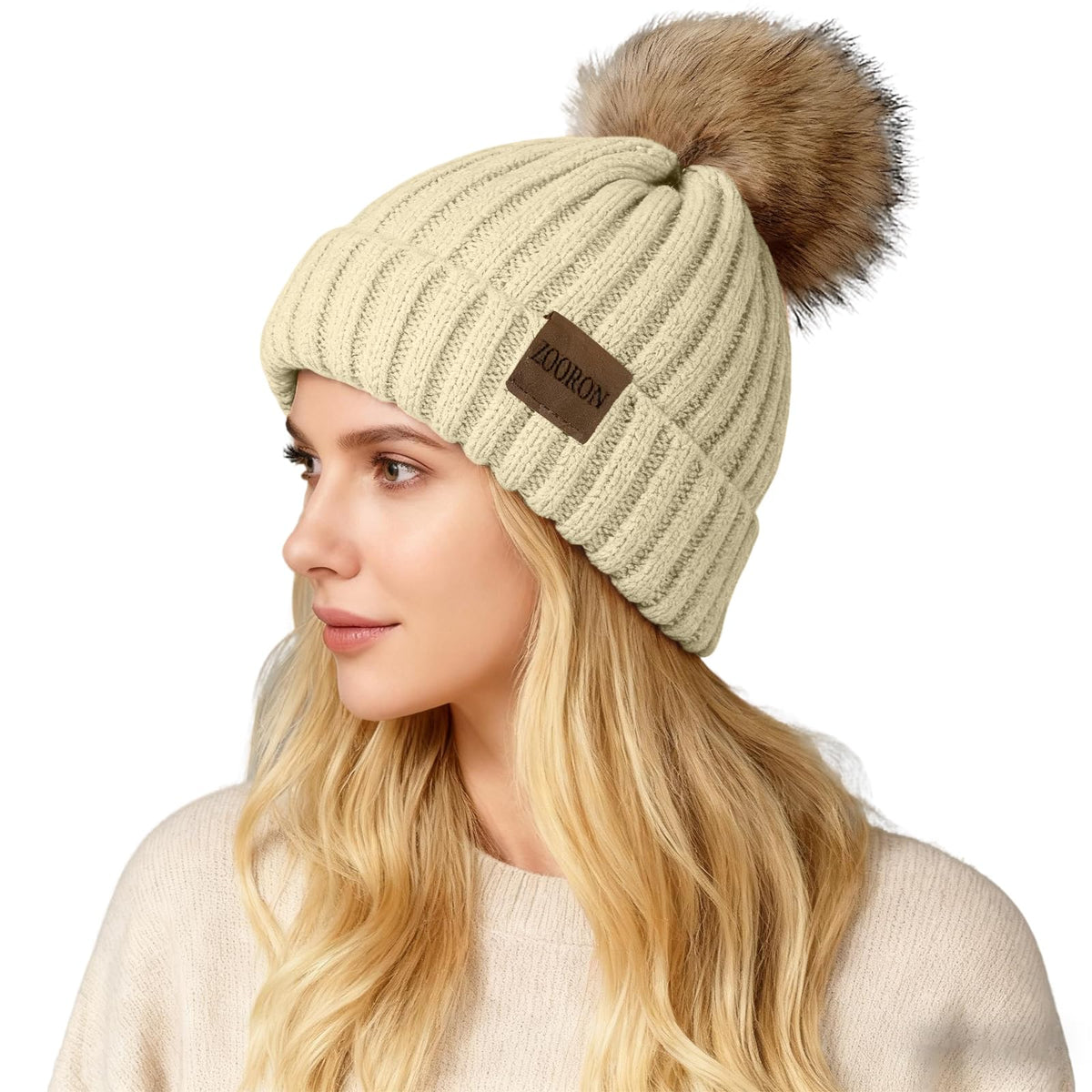 ZOORON Womens Winter Knitted Beanie Hat with Faux Fur Pom Beanie Warm Knit Skull Cap Beanie for Women