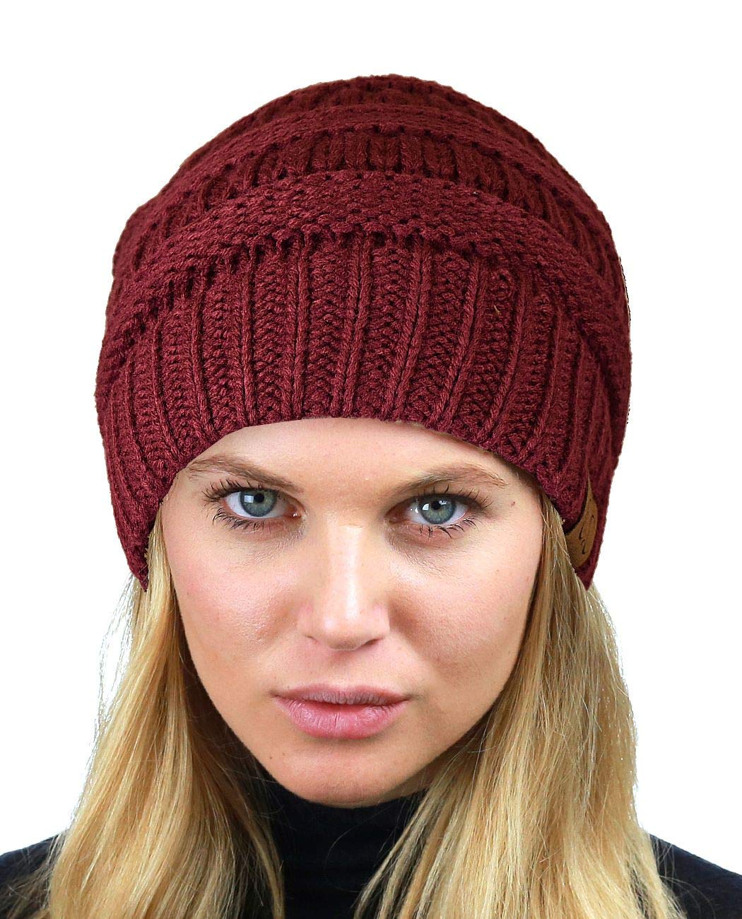 C.C Unisex Chunky Soft Stretch Cable Knit Warm Fuzzy Lined Skully Beanie