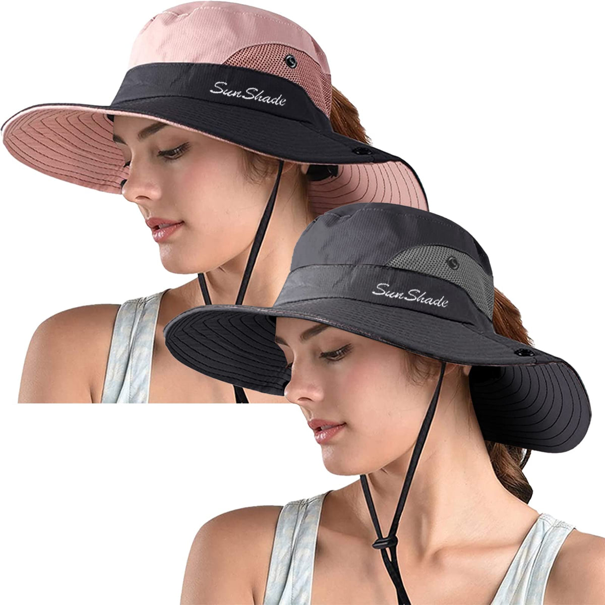 ZOORON Women's Ponytail Safari Sun Hat,Wide Brim UV Protection Bucket Hat