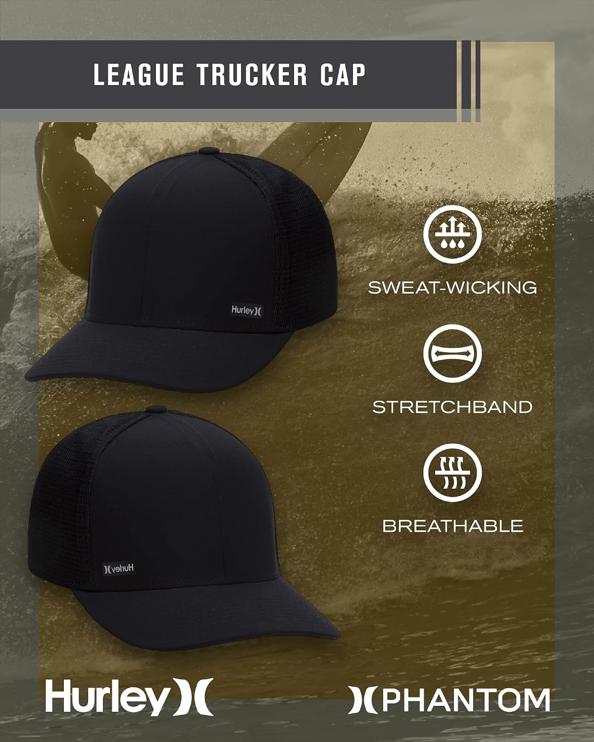 Hurley Men's Caps - H2O-Dri League Baseball Caps for Men with Snapback Closure - Classic Mens Trucker Hats (S-XL)