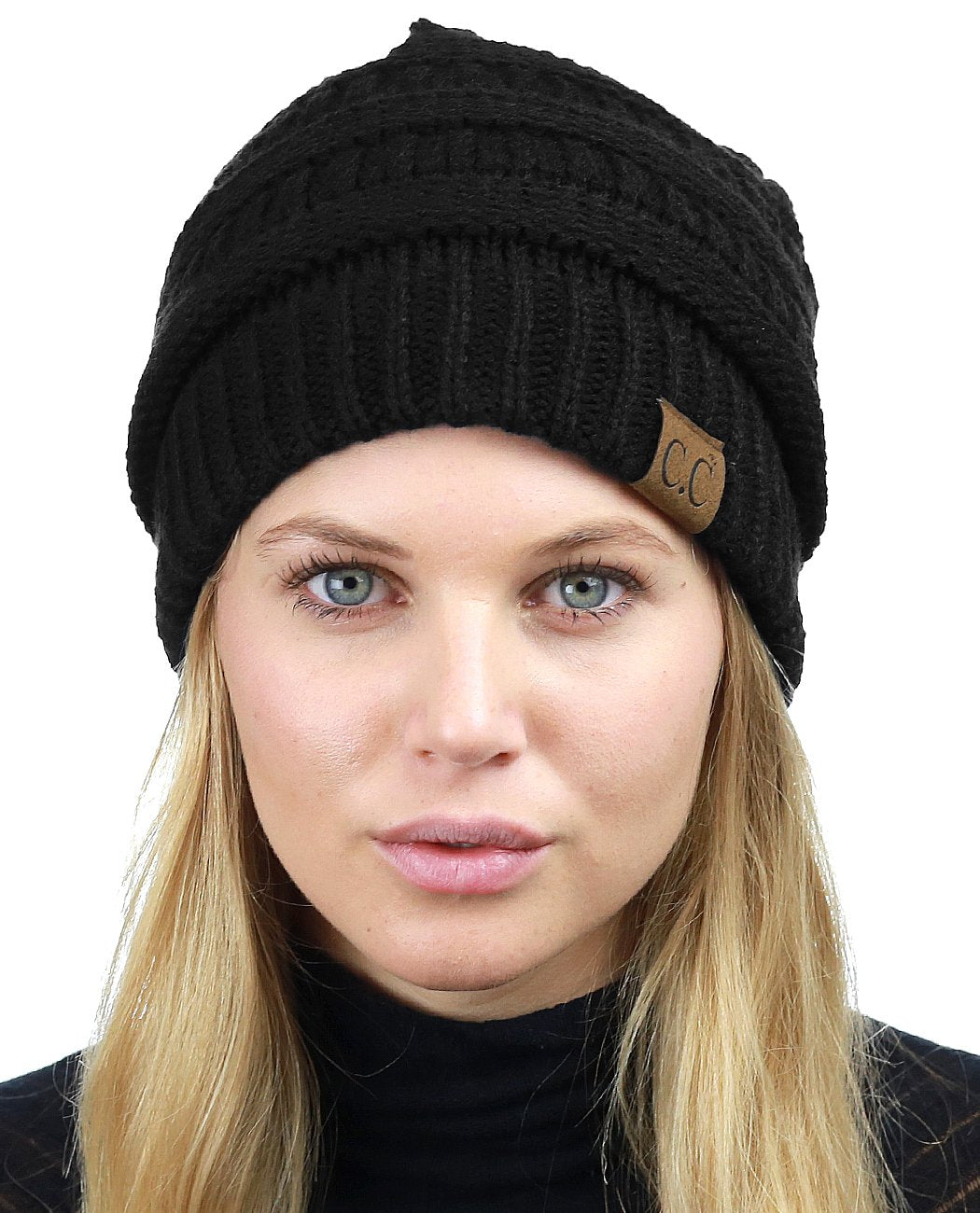 C.C Unisex Chunky Soft Stretch Cable Knit Warm Fuzzy Lined Skully Beanie