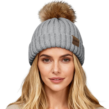 ZOORON Womens Winter Knitted Beanie Hat with Faux Fur Pom Beanie Warm Knit Skull Cap Beanie for Women