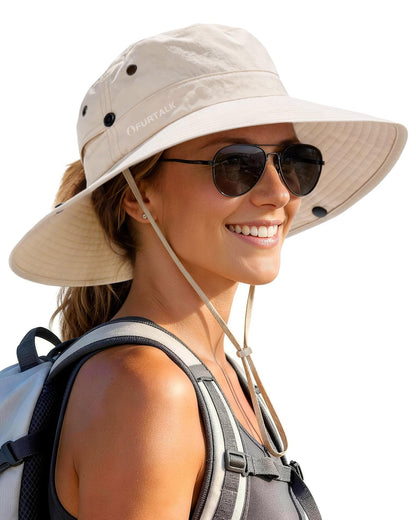 FURTALK Sun Hats for Women Wide Brim Bucket Hat Ponytail Hole Outdoor UPF