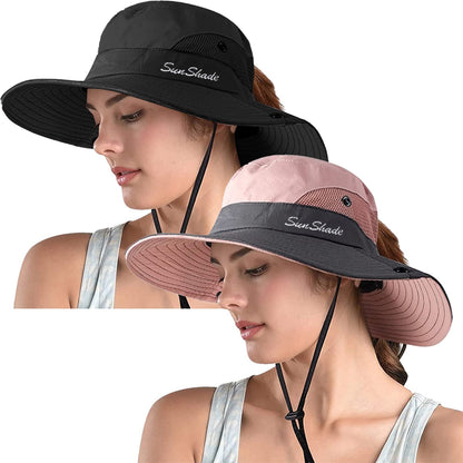 ZOORON Women's Ponytail Safari Sun Hat,Wide Brim UV Protection Bucket Hat