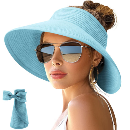 NPJY Sun Hats for Women Wide Brim Roll-Up Ponytail Packable Straw Visor