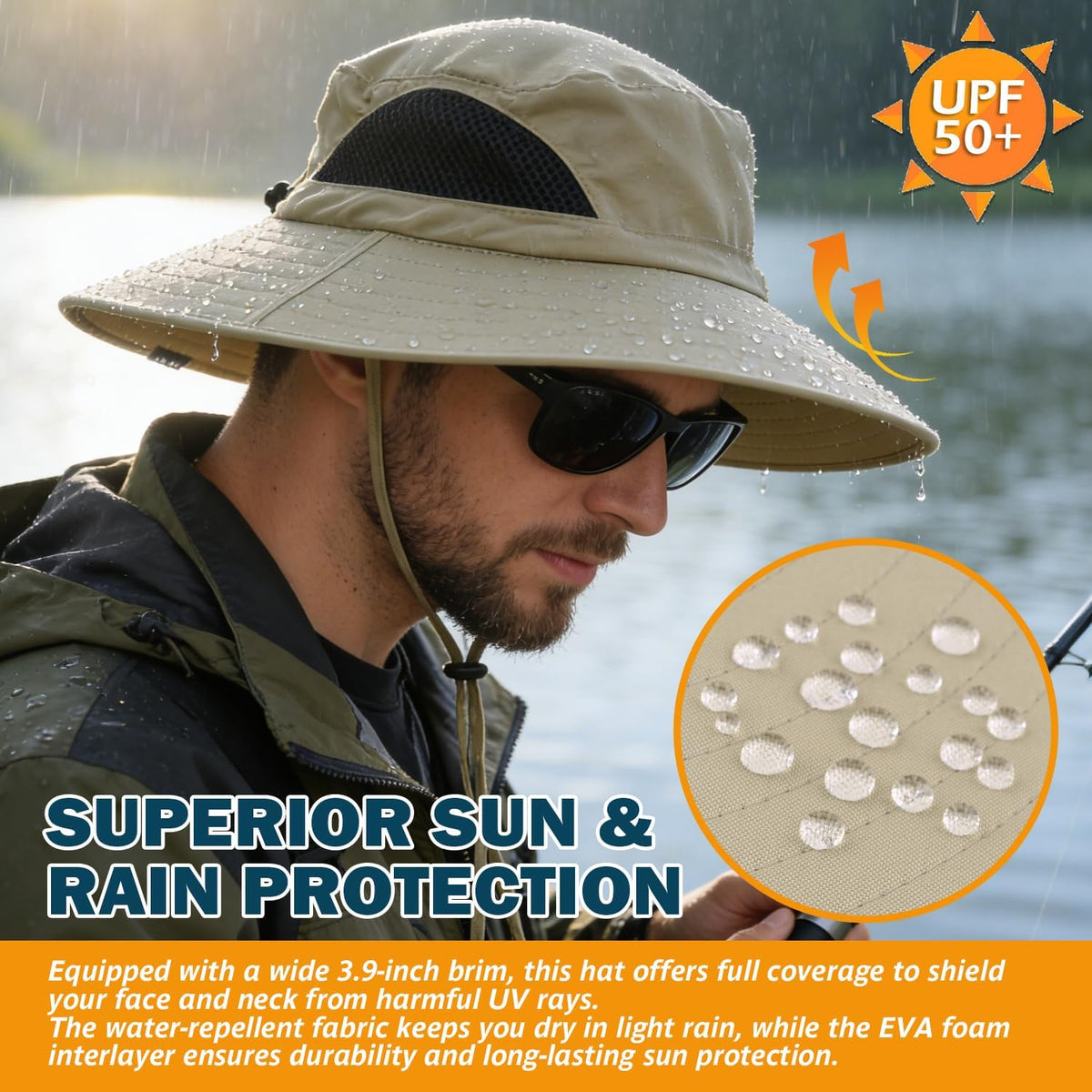 Wide Brim Sun Bucket Hat, Waterproof Boonie Hat for Men & Women