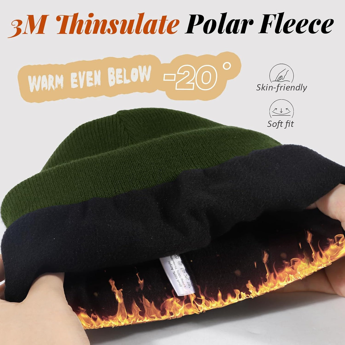 Waterproof Winter Fleece Lined Beanie Hat for Men Women Warm Knit Cuffed Beanie Thick Skull Cap Unisex Windproof Watch Hat
