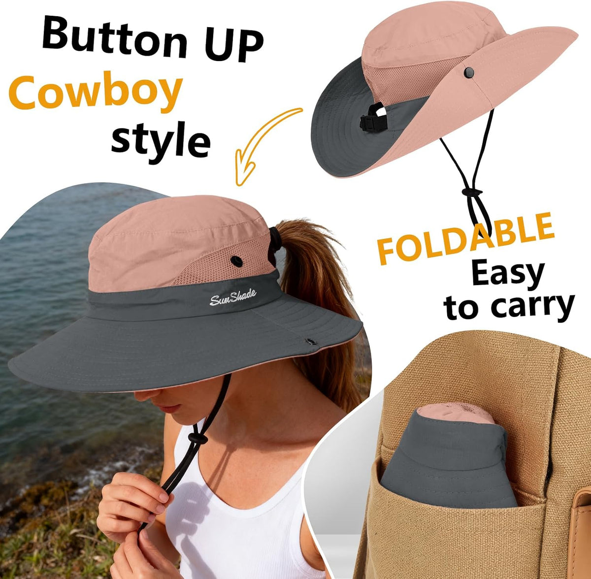 ZOORON Women's Ponytail Safari Sun Hat,Wide Brim UV Protection Bucket Hat