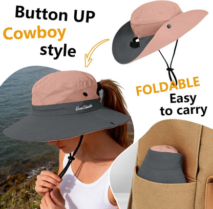 ZOORON Women's Ponytail Safari Sun Hat,Wide Brim UV Protection Bucket Hat