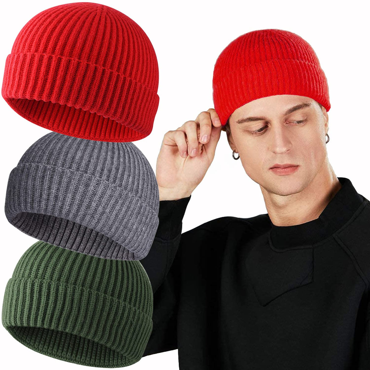 ROYBENS Swag Wool Knit Cuff Short Fisherman Beanie for Men Women Winter Hat