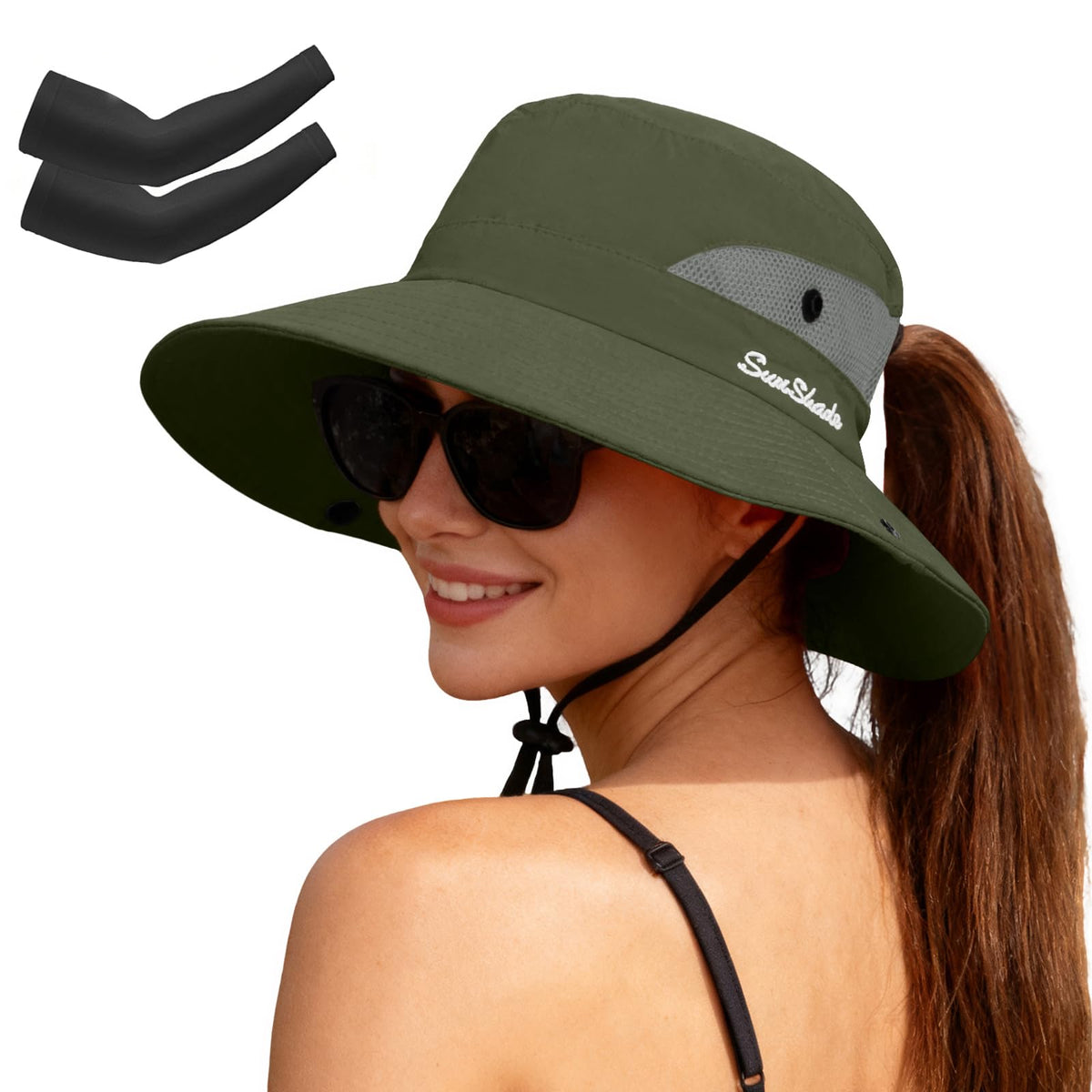 ZOORON Women's Ponytail Safari Sun Hat,Wide Brim UV Protection Bucket Hat
