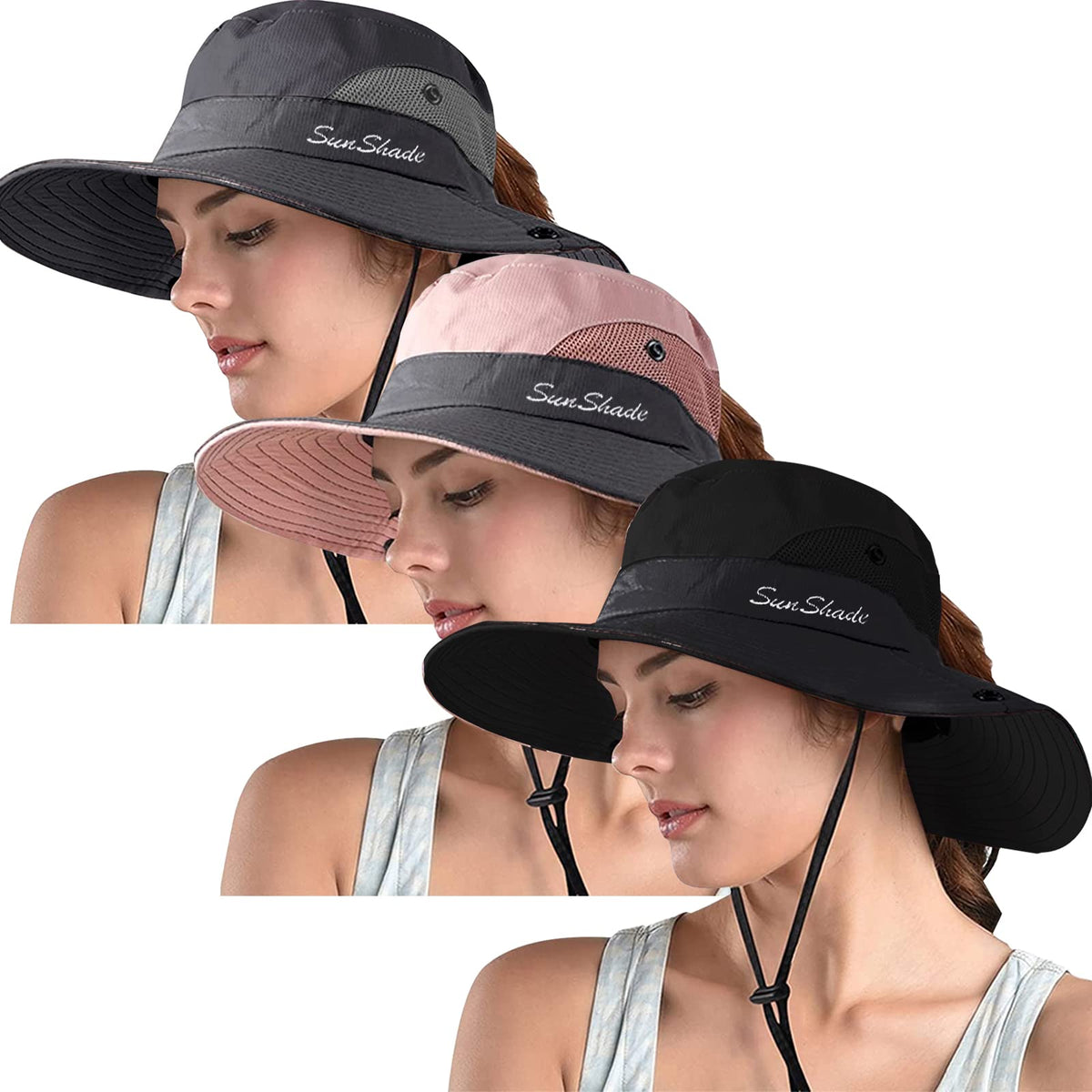 ZOORON Women's Ponytail Safari Sun Hat,Wide Brim UV Protection Bucket Hat