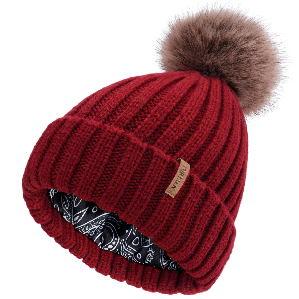 FURTALK Womens Winter Beanie Hat Satin Lined Faux Fur Pom Pom Beanies Hat for Women Winter Warm Knit Hats