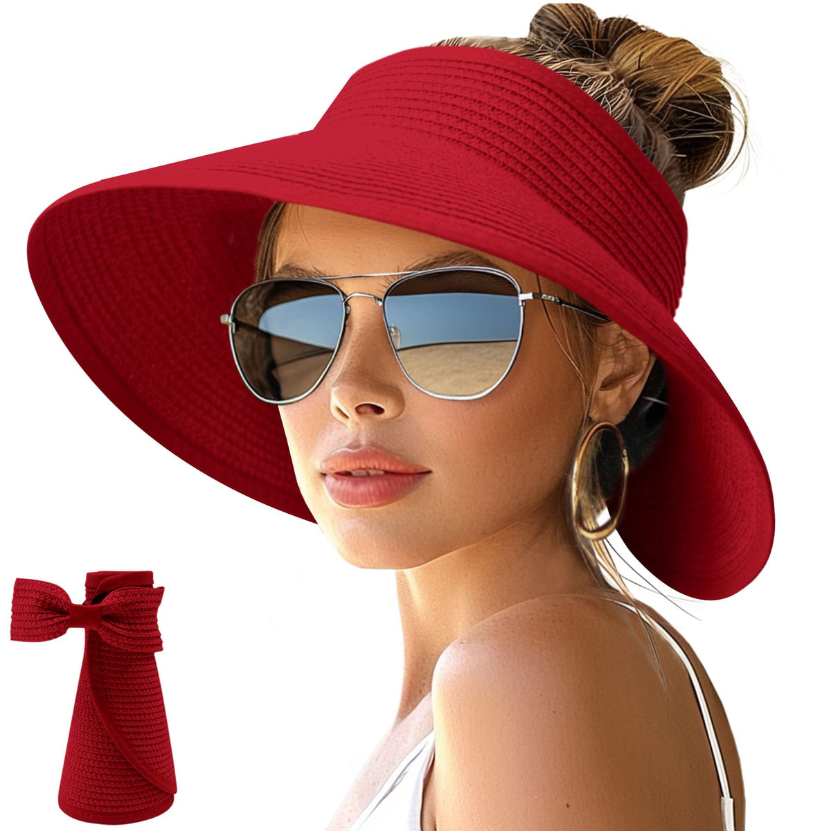 NPJY Sun Hats for Women Wide Brim Roll-Up Ponytail Packable Straw Visor