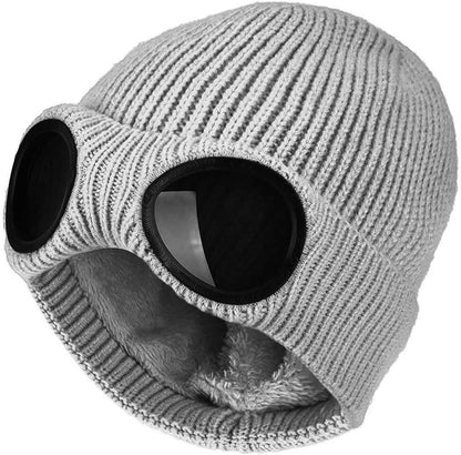 Unisex Goggle Knitted Beanie Hat Windproof Warm Winter Skull Cap