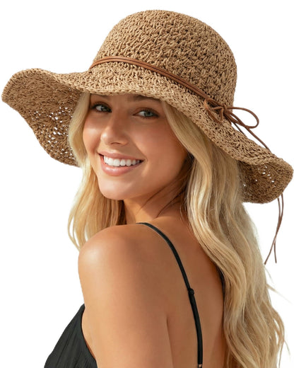 Beach Sun Hats for Women, Wide Brim Straw Hat, UPF 50+ UV Protection