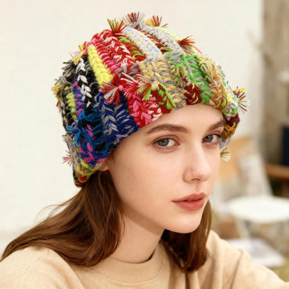 Womens Chunky Crochet Beanie Casual Cuffed Winter Hat with Boho Tassel Knot
