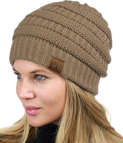 C.C Unisex Chunky Soft Stretch Cable Knit Warm Fuzzy Lined Skully Beanie
