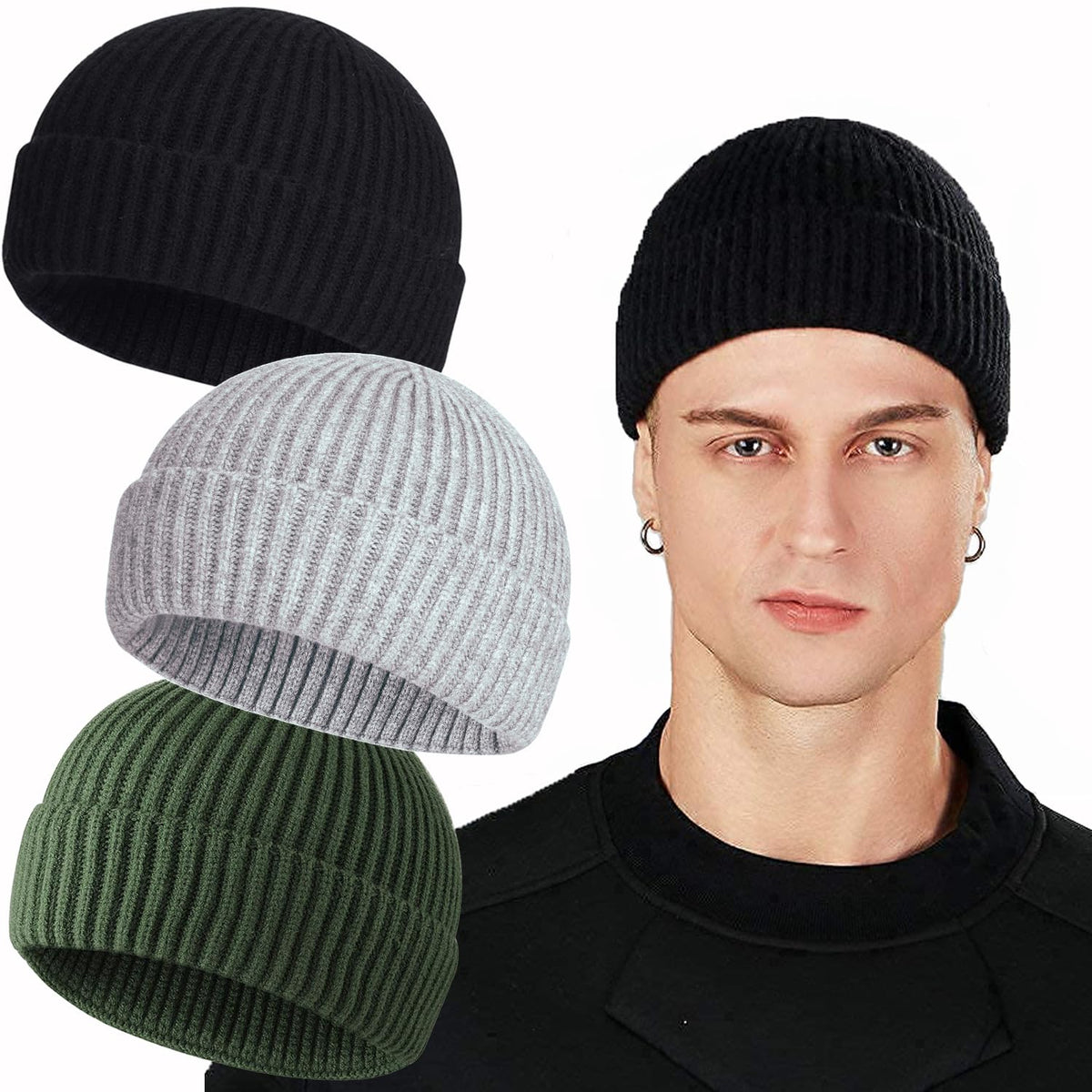 ROYBENS Swag Wool Knit Cuff Short Fisherman Beanie for Men Women Winter Hat
