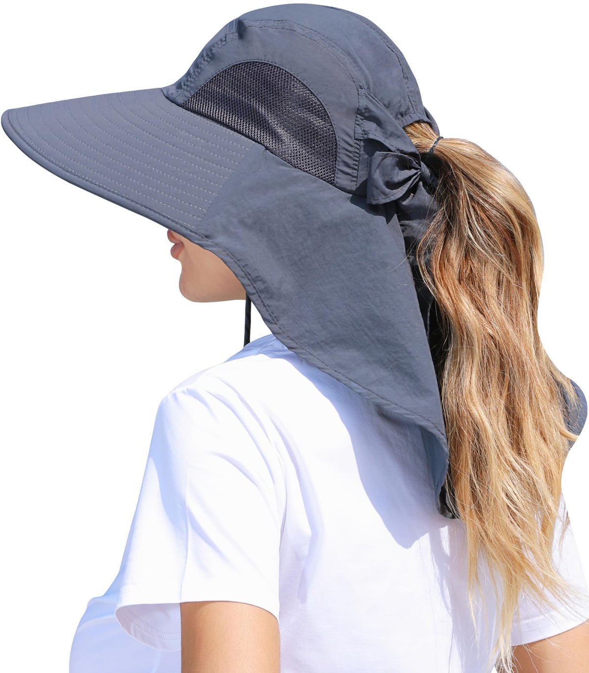 Womens Sun Hat Outdoor UV Protection Wide Brim Fishing Hat with Ponytail Hole Neck Flap for Beach Hiking Camping