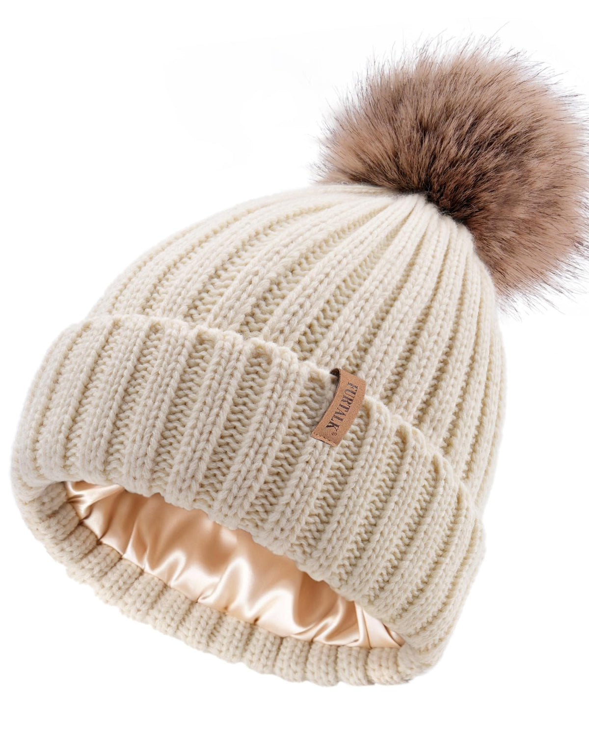 FURTALK Womens Winter Beanie Hat Satin Lined Faux Fur Pom Pom Beanies Hat for Women Winter Warm Knit Hats