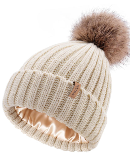 FURTALK Womens Winter Beanie Hat Satin Lined Faux Fur Pom Pom Beanies Hat for Women Winter Warm Knit Hats