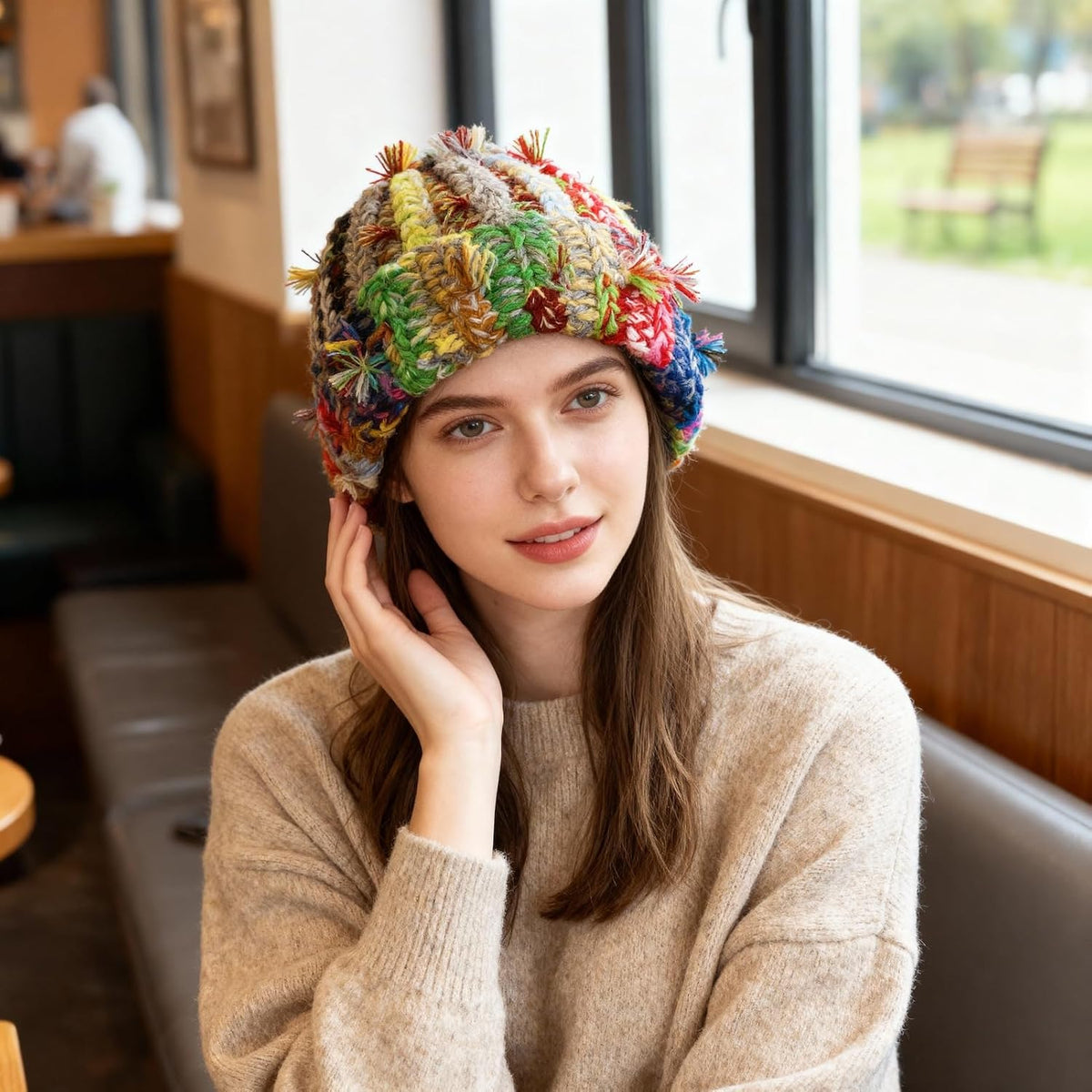 Womens Chunky Crochet Beanie Casual Cuffed Winter Hat with Boho Tassel Knot
