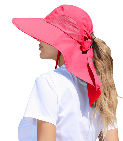 Womens Sun Hat Outdoor UV Protection Wide Brim Fishing Hat with Ponytail Hole Neck Flap for Beach Hiking Camping