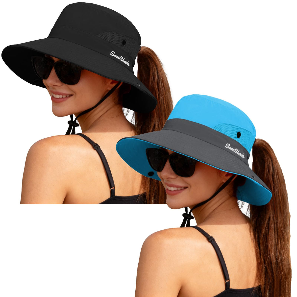 ZOORON Women's Ponytail Safari Sun Hat,Wide Brim UV Protection Bucket Hat