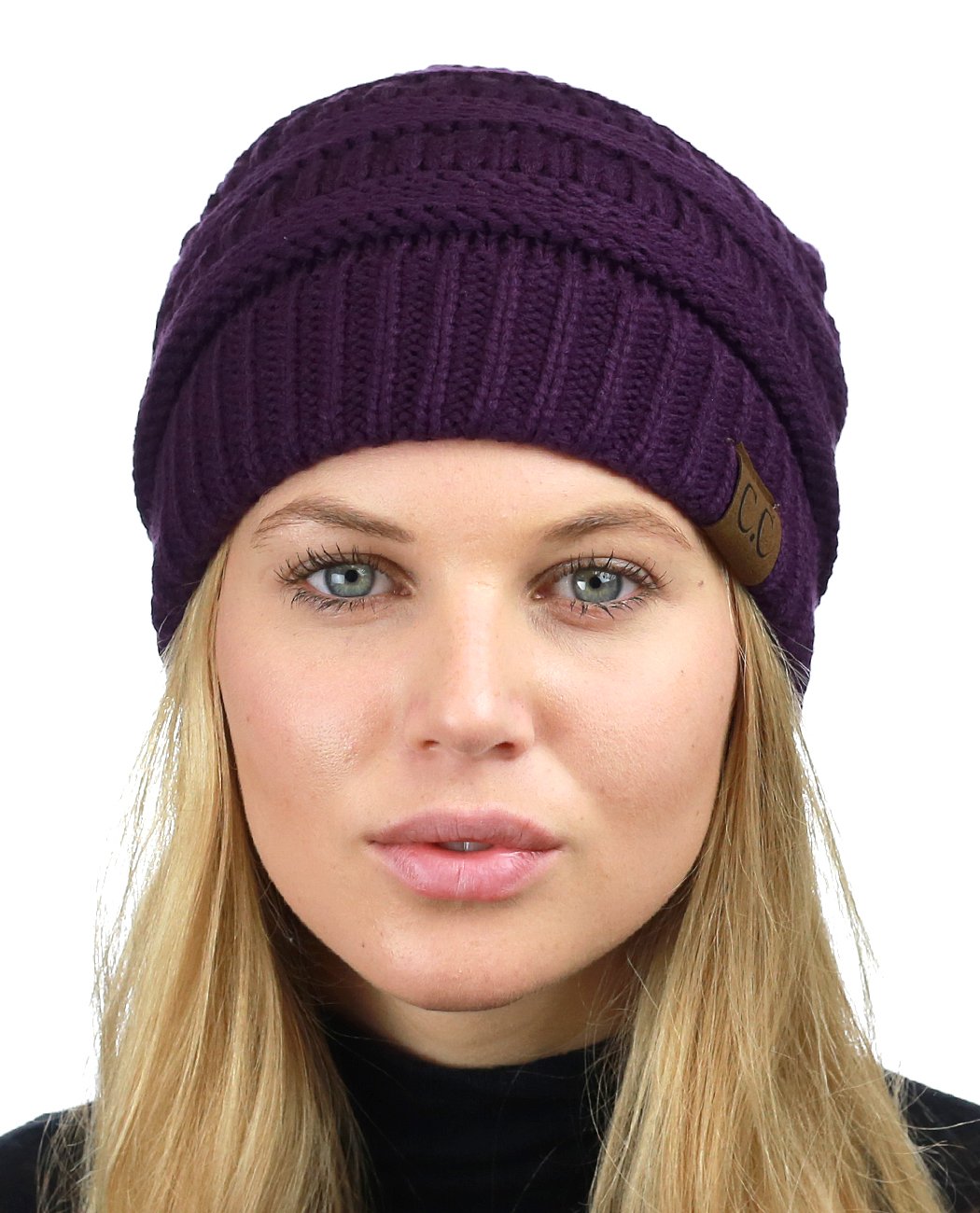 C.C Unisex Chunky Soft Stretch Cable Knit Warm Fuzzy Lined Skully Beanie