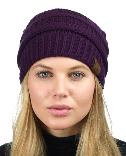 C.C Unisex Chunky Soft Stretch Cable Knit Warm Fuzzy Lined Skully Beanie