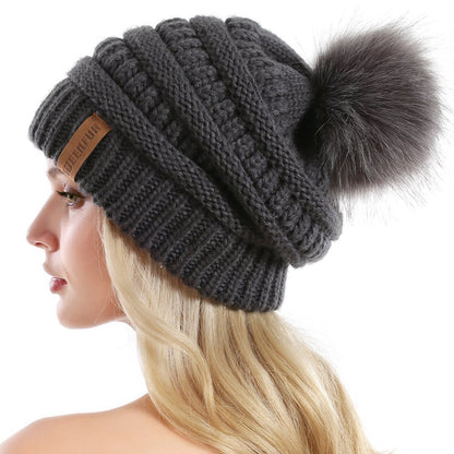 Women Knit Slouchy Beanie Chunky Baggy Hat with Faux Fur Pompom Winter Soft Warm Ski Cap