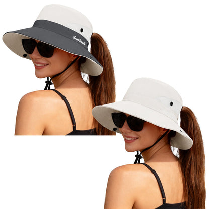 ZOORON Women's Ponytail Safari Sun Hat,Wide Brim UV Protection Bucket Hat